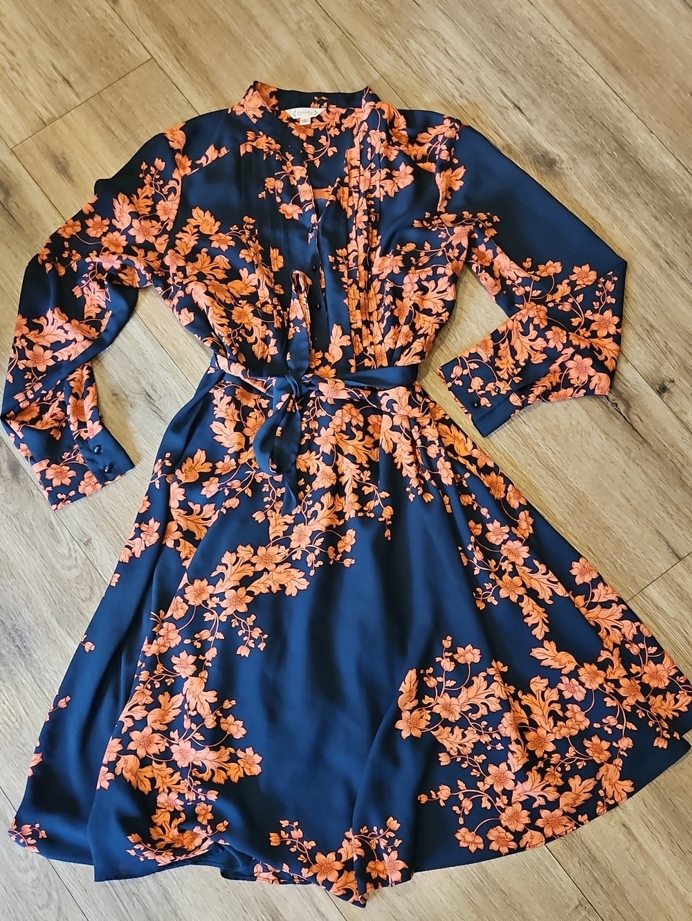 EUC Nanette Lepore Navy & Orange Floral Pleated Belted Midi Dress Size 8